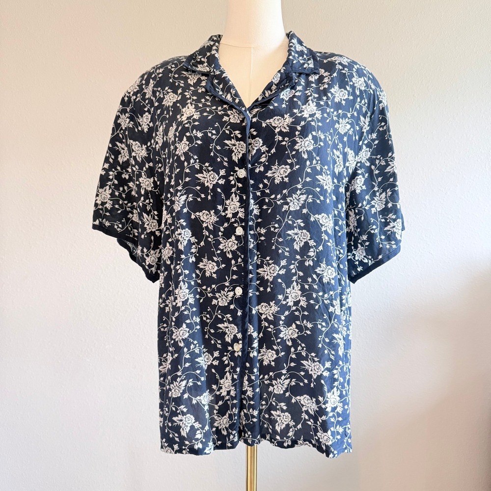 Seta Studio 100% Silk Floral Camp Shirt Navy Blue White Vintage Style 2X Blouse